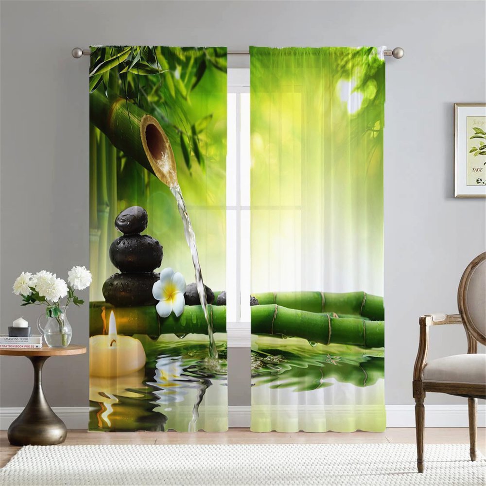 Hiseng 2-Piece Voile Curtain Set, Nature Landscape Lake, Semi-Sheer Sliding Panels, 108 x 137 cm, Bamboo