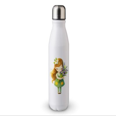 MAXIKIWI Single-Wall Aluminum Water Bottle, 500 ml, BPA-Free, Leakproof, Little Girl with Flowers