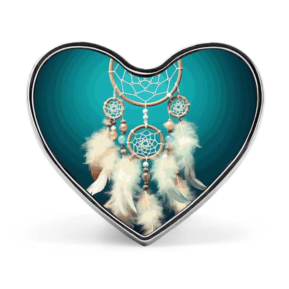 Heart-Shaped Metal Pins for Backpacks or Lapels, Valentine's Day Design with White Heart and Dreamcatcher Feather