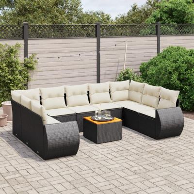 Xichuzi 10-Piece Garden Sofa Set with Cushions, Black Poly Rattan
