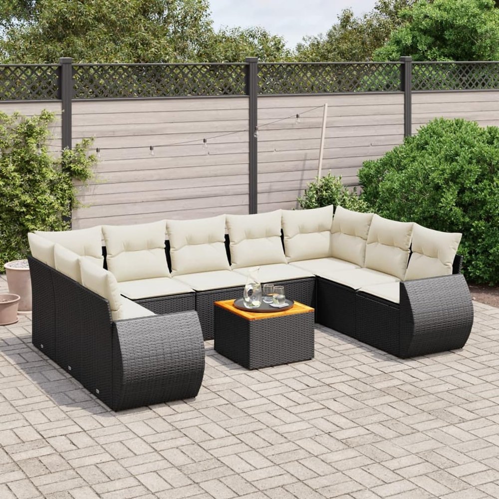 Xichuzi 10-Piece Garden Sofa Set with Cushions, Black Poly Rattan