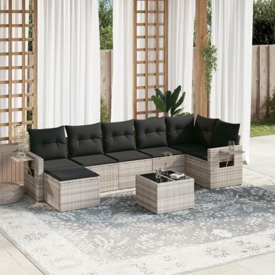 Xichuzi 8-Piece Garden Sofa Set with Cushions, Light Gray Poly Rattan