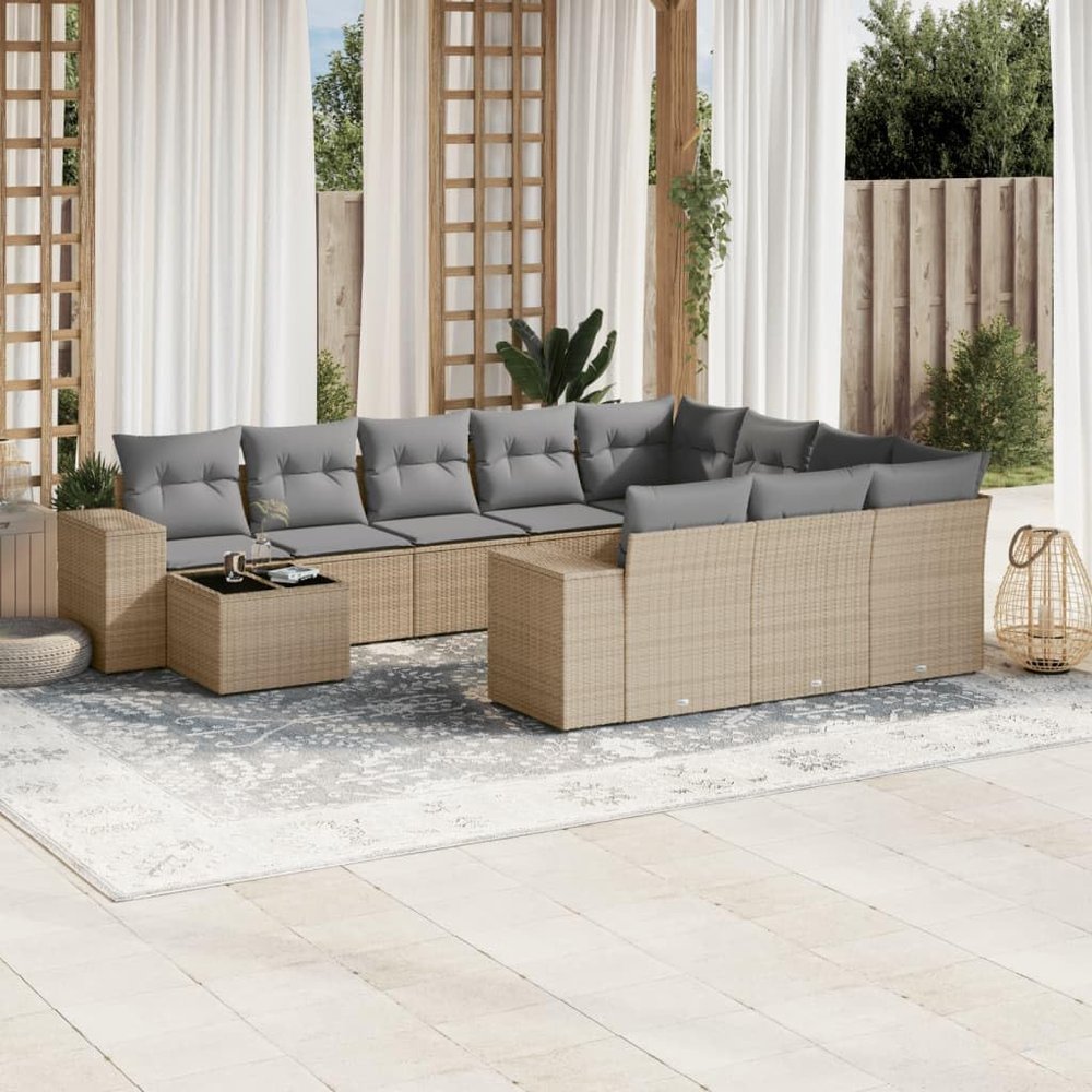 Xichuzi 11-Piece Beige Poly Rattan Garden Sofa Set with Cushions