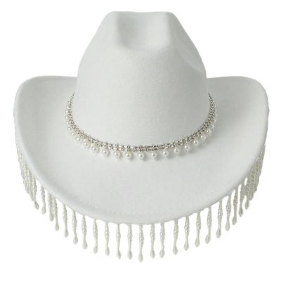 WLNEXT Beaded and Tassel Cowgirl Hat, Crystal, White