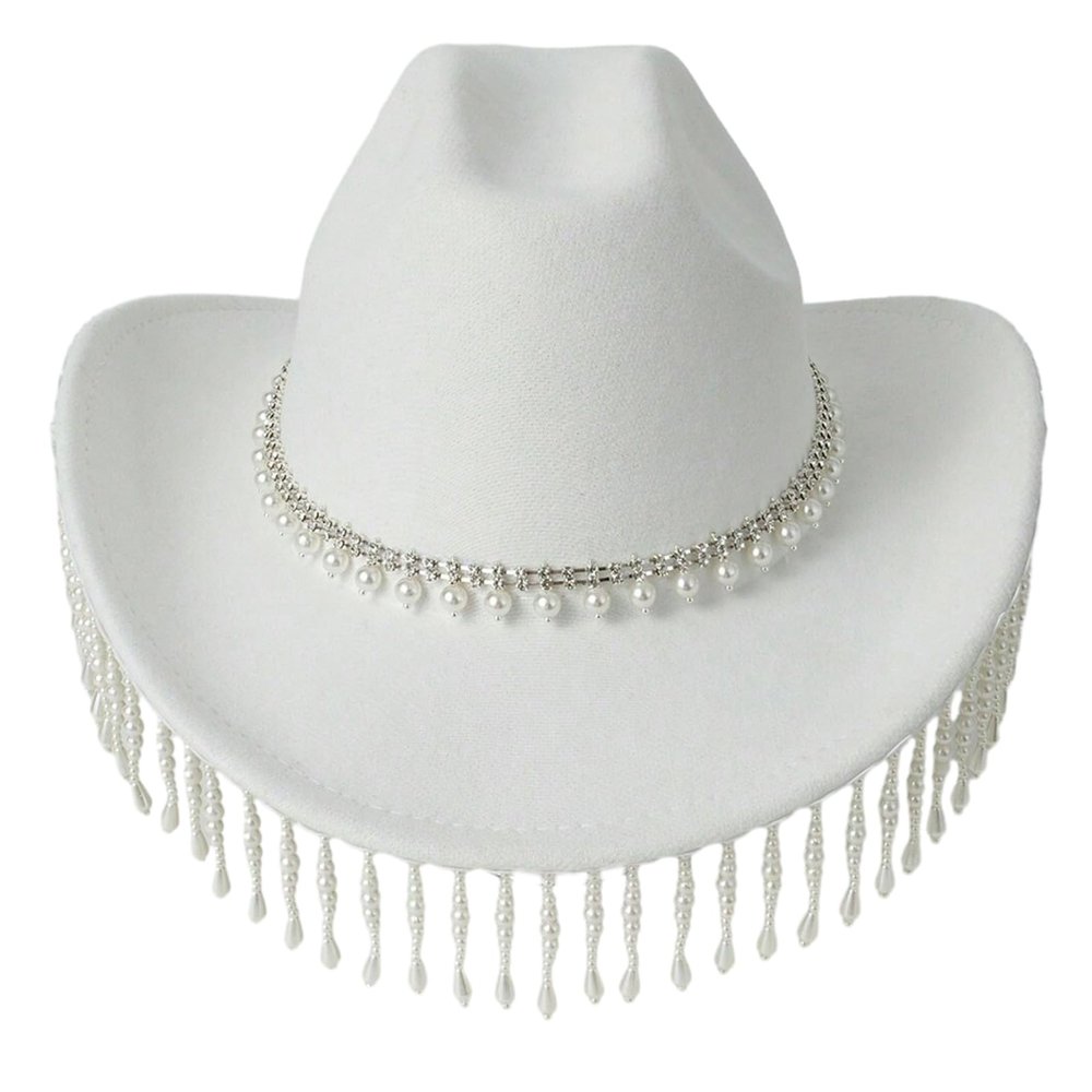 WLNEXT Beaded and Tassel Cowgirl Hat, Crystal, White