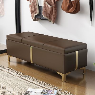 Modern Rectangular Faux Leather Ottoman Bench with Metal Legs, Brown, 60 x 40 x 40 cm