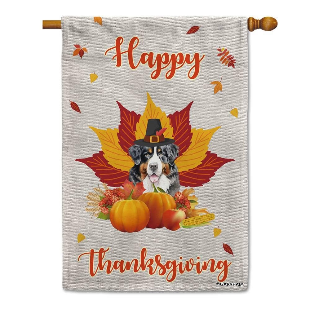 GABSHAIM Mountain Dog Autumn Thanksgiving House Flag, Dog, Pumpkins and Maple Leaves, Double-Sided Outdoor Home Decor Banner, 71.1 x 101.6 cm, Style 2