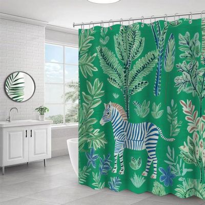 Yelolyio Fabric Shower Curtain Set, Zebra Pattern, Waterproof, Wrinkle-Resistant, Polyester, 60 x 72 in, Zebra Green