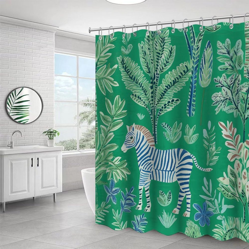 Yelolyio Fabric Shower Curtain Set, Zebra Pattern, Waterproof, Wrinkle-Resistant, Polyester, 60 x 72 in, Zebra Green