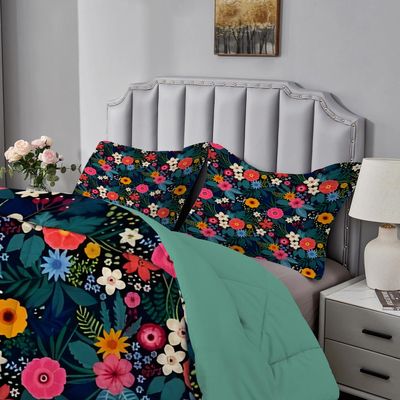 Qiwagu Black Reversible Comforter 220 x 240 cm with Colorful Floral Pattern and 2 Pillowcases