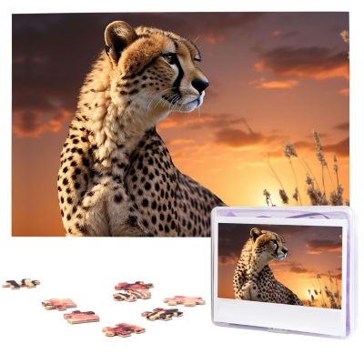 Personalized 1000-Piece Wooden Jigsaw Puzzle for Adults – Cheetah at Sunset