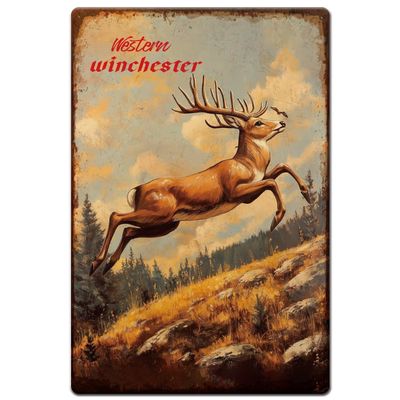 Hobbspring Vintage Metal Tin Sign, 20 x 30 cm, Western Winchester Deer Design