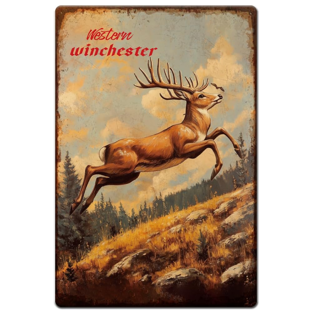Hobbspring Vintage Metal Tin Sign, 20 x 30 cm, Western Winchester Deer Design