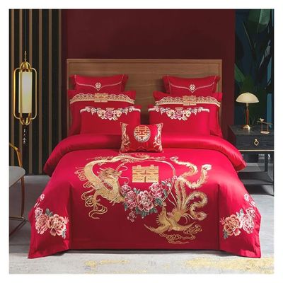 Bedding Set, Embroidered Golden Dragon and Phoenix, 100% Cotton, Red, Chinese Royal Wedding, Duvet Cover, Flat Sheet and Pillowcases (Double/King, 6-Piece)