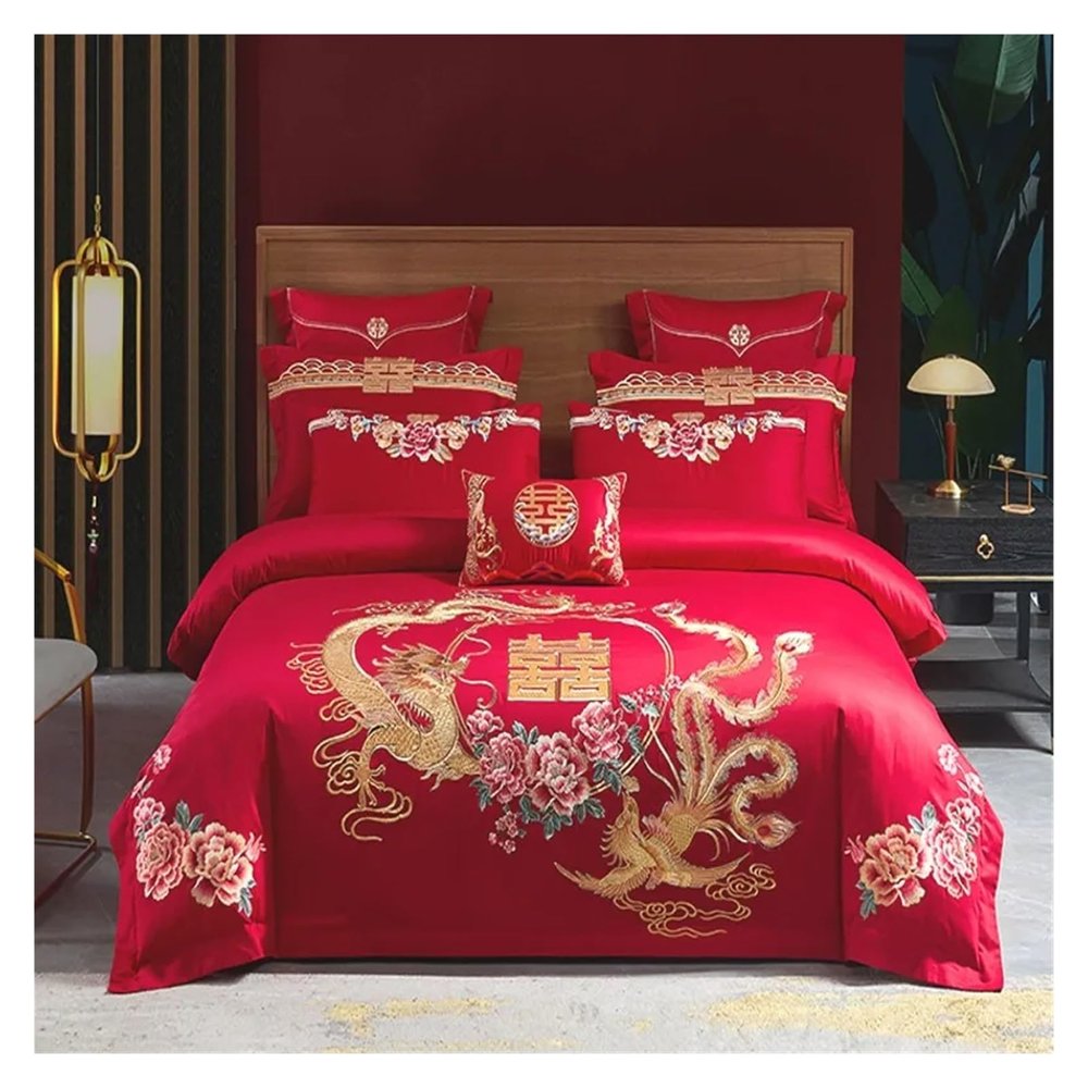 Bedding Set, Embroidered Golden Dragon and Phoenix, 100% Cotton, Red, Chinese Royal Wedding, Duvet Cover, Flat Sheet and Pillowcases (Double/King, 6-Piece)