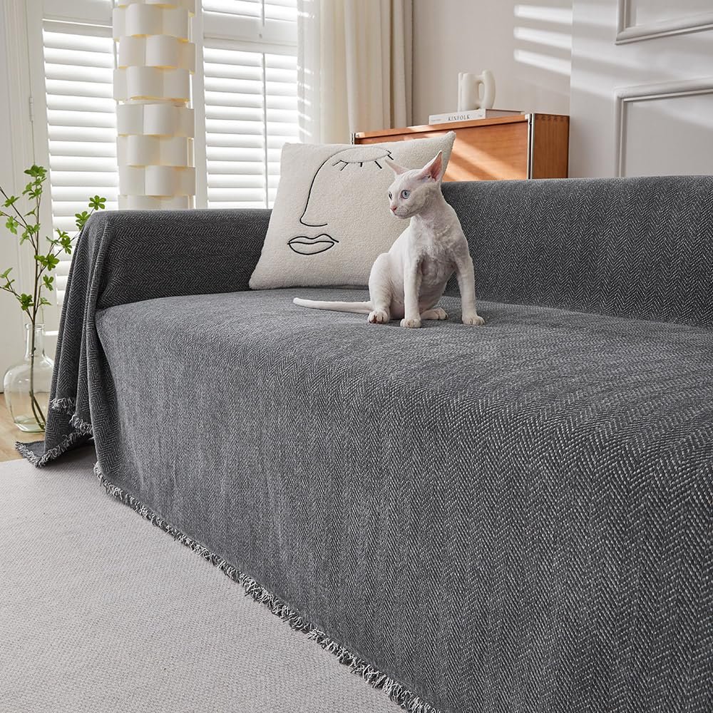Highdi Soft Sofa Throw for 1–4 Seat Sofas, L-Shaped Sectionals, Dark Gray, 180 × 420 cm