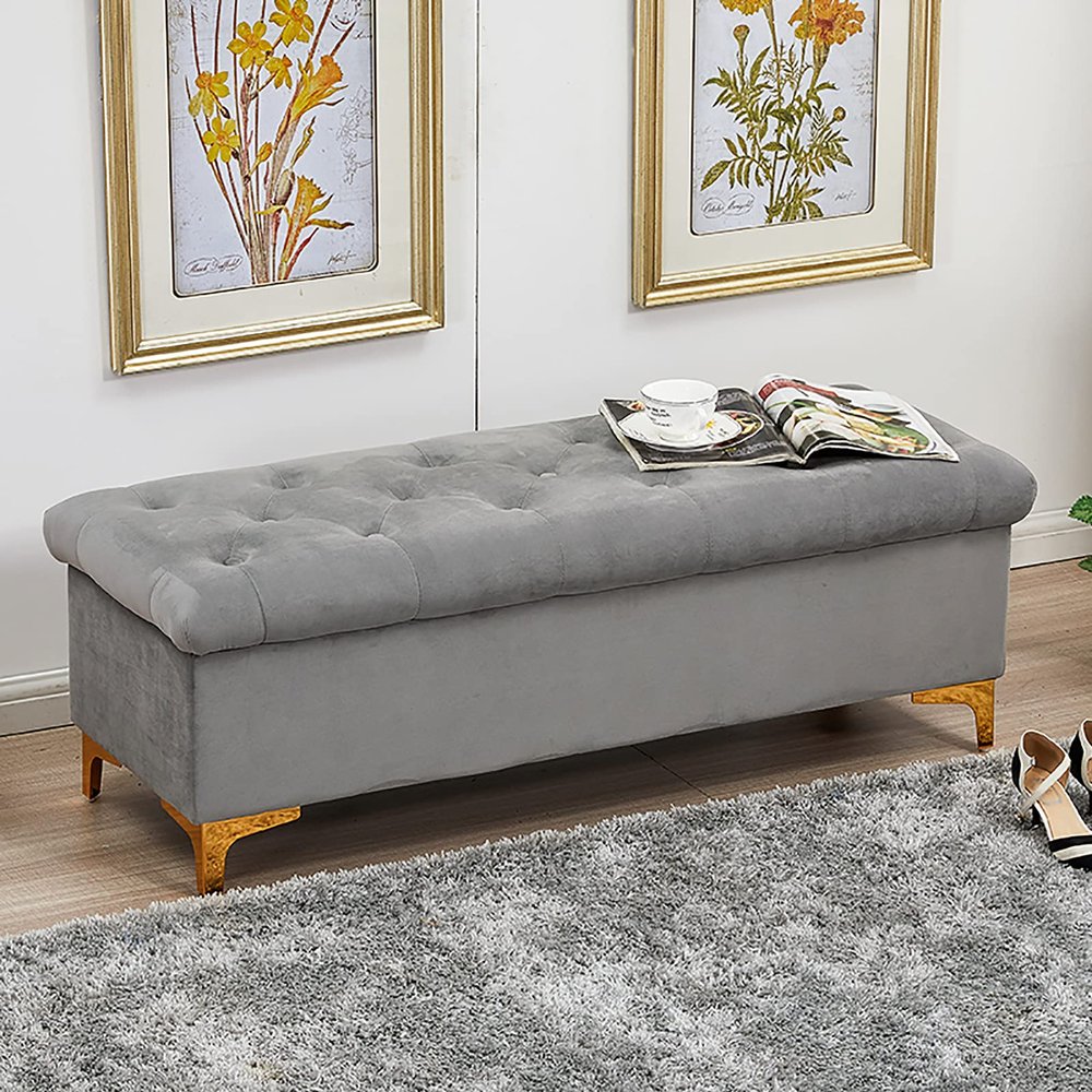 Velvet Ottoman Bench, Gray, 100 x 45 x 40 cm