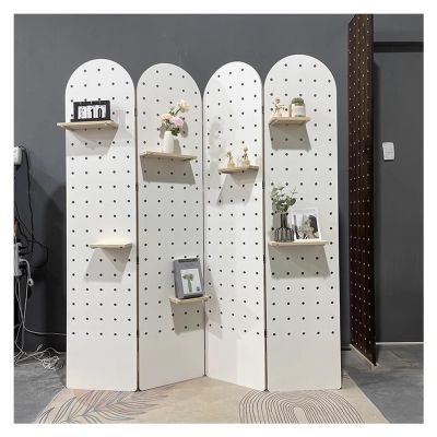Folding Wood Room Divider with Pegboard, 4 Panels, 180 x 160 cm