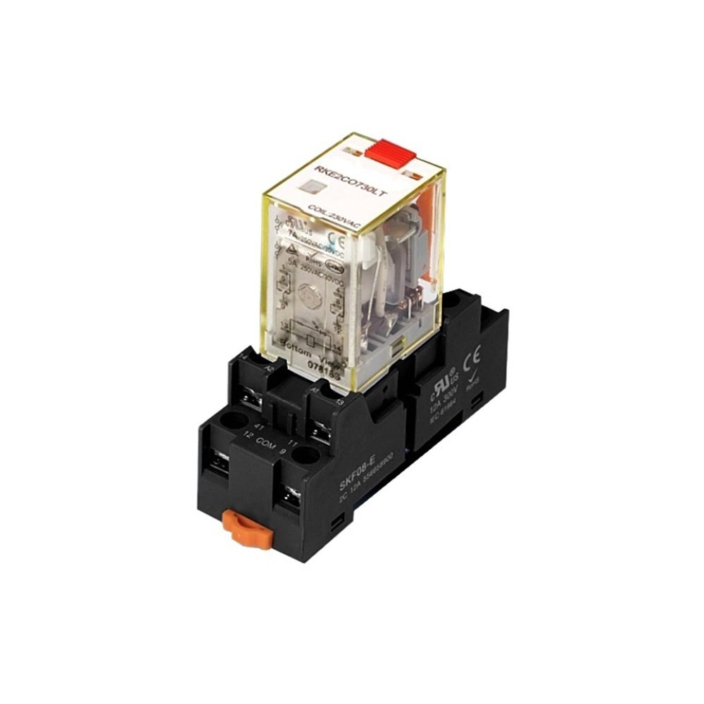 RKE2C Mini Power Relay Set with LED Indicator and Test Button, 7 A, 8-Pin, AC 230 V/DC 24 V, 2NO/2NC