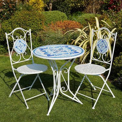 Outdoor Mosaic Bistro Set with Folding Table and 2 Metal Chairs