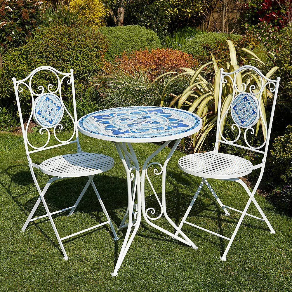 Outdoor Mosaic Bistro Set with Folding Table and 2 Metal Chairs