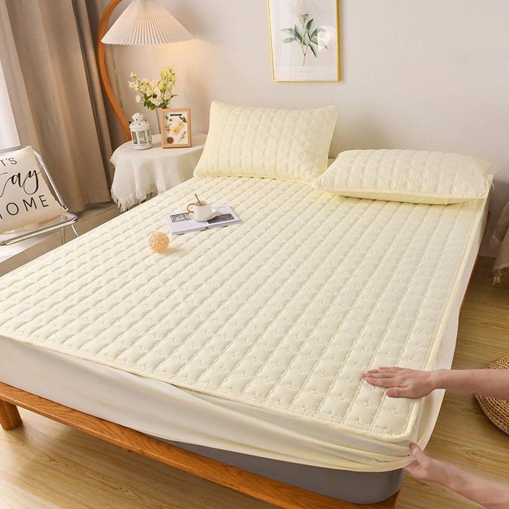Waterproof Fitted Sheet 135 x 200 cm, Cotton-Polyester, Beige, with 2 Pillowcases