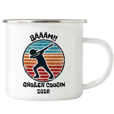 Hey!Print Bäm! Big Cousin 2026 Enamel Mug – Pregnancy Announcement