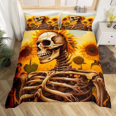 Loussiesd Sugar Skull Sunflower Gothic Halloween Bedding Set