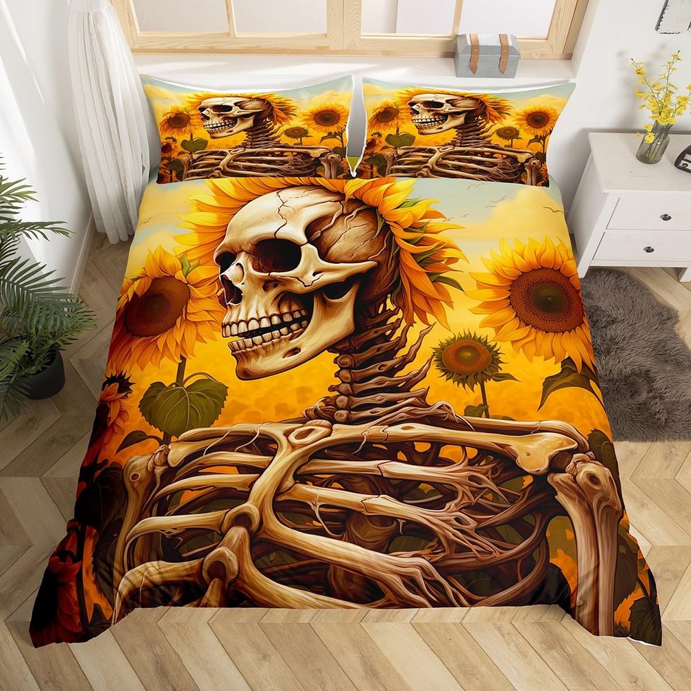 Loussiesd Sugar Skull Sunflower Gothic Halloween Bedding Set