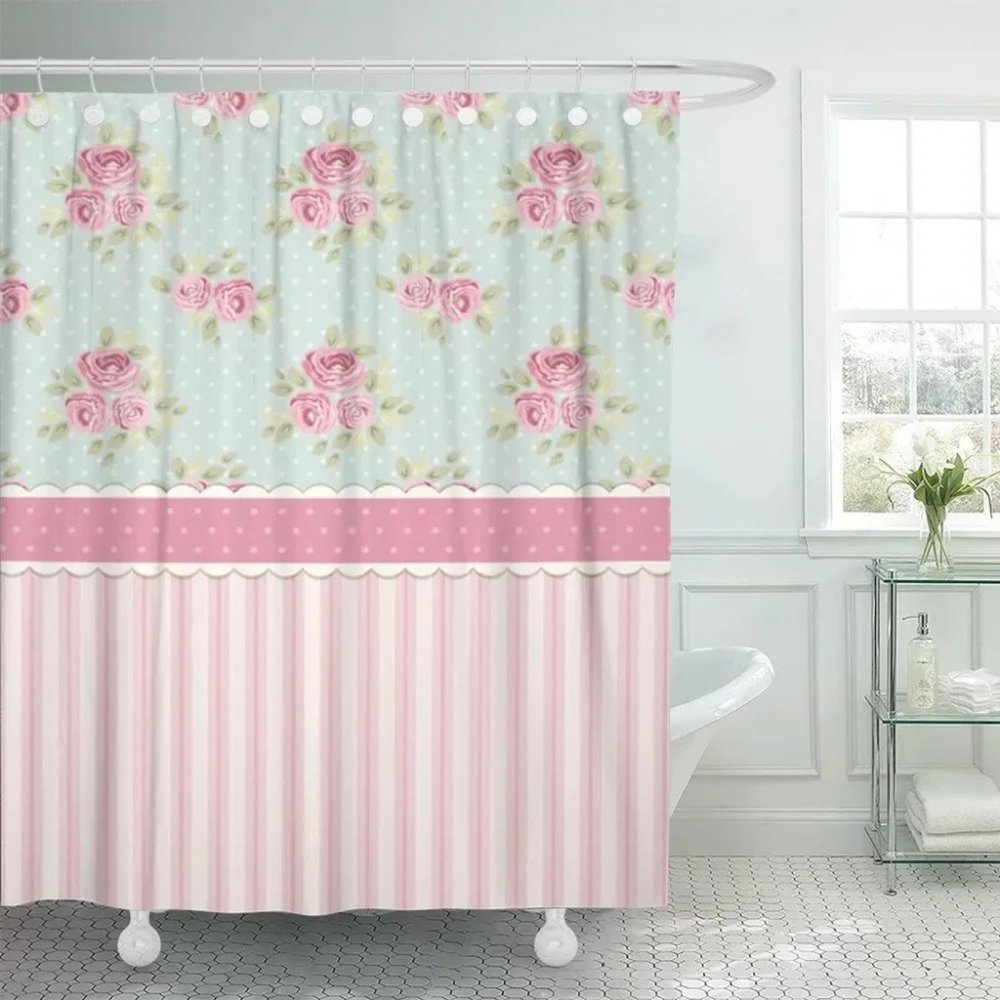 KDOVOXB Shower Curtain for Women and Girls, Colorful Roses and Dots, 220 x 180 cm