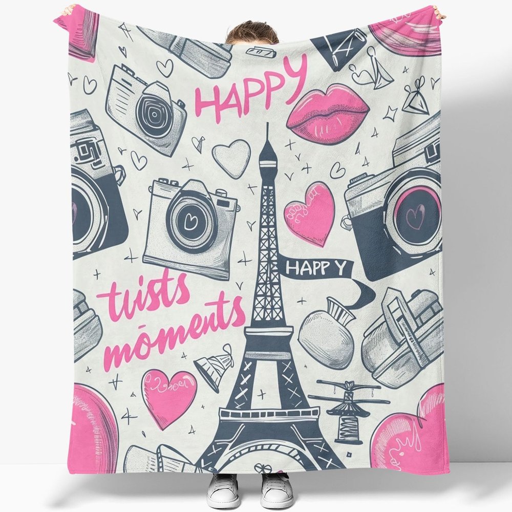 Multicolor Eiffel Tower & Retro Camera Sherpa Throw Blanket, 180 x 200 cm