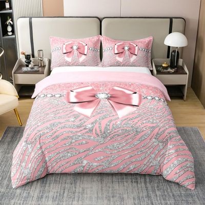 Loussiesd Bow Knot 100% Cotton Duvet Cover Set, 155 x 220 cm, Pink Glitter (No Glitter)