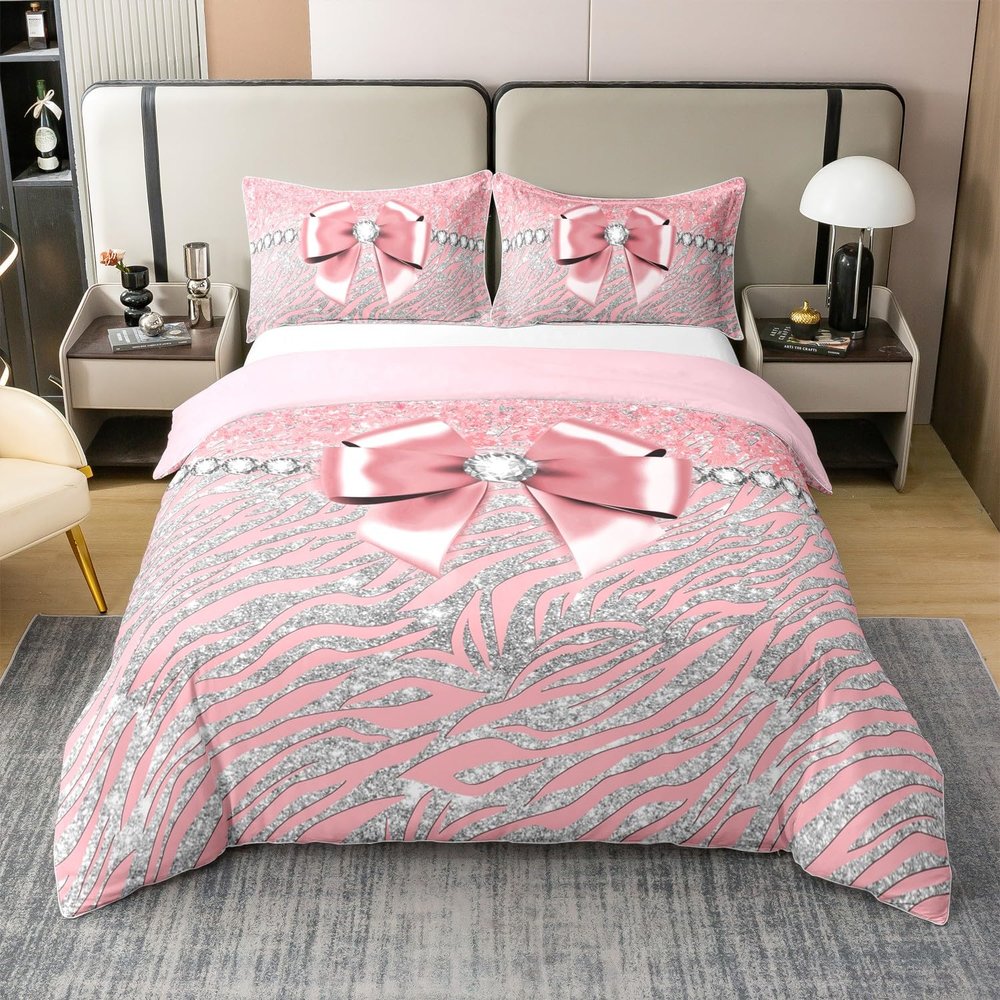 Loussiesd Bow Knot 100% Cotton Duvet Cover Set, 155 x 220 cm, Pink Glitter (No Glitter)