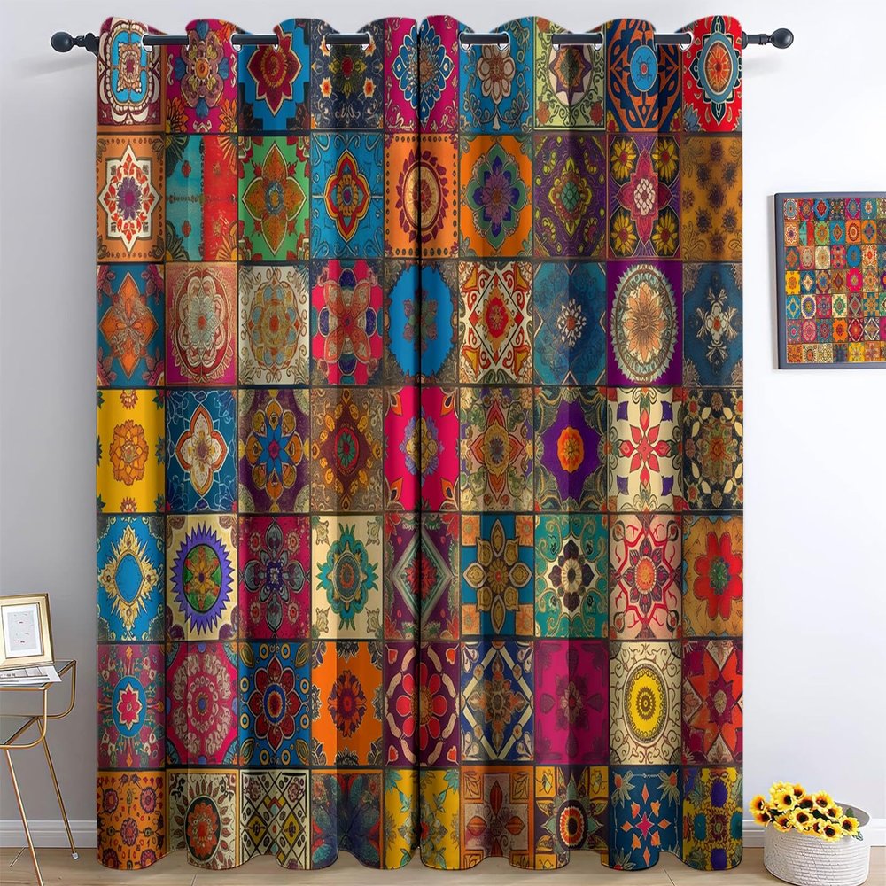 Opaque Curtain 2-Piece Set with Traditional Indian Patterns, 280 x 150 cm, Multicolor