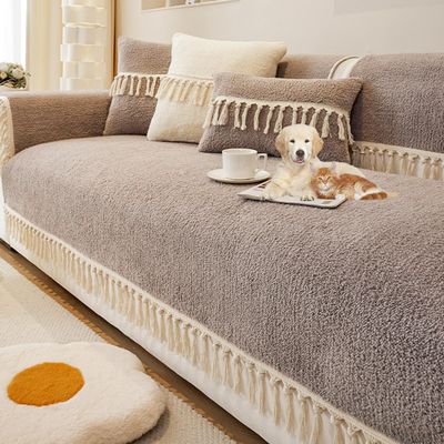 Upgraded Short Plush Couch Cover with Tassels, Gray, 110 x 240 cm