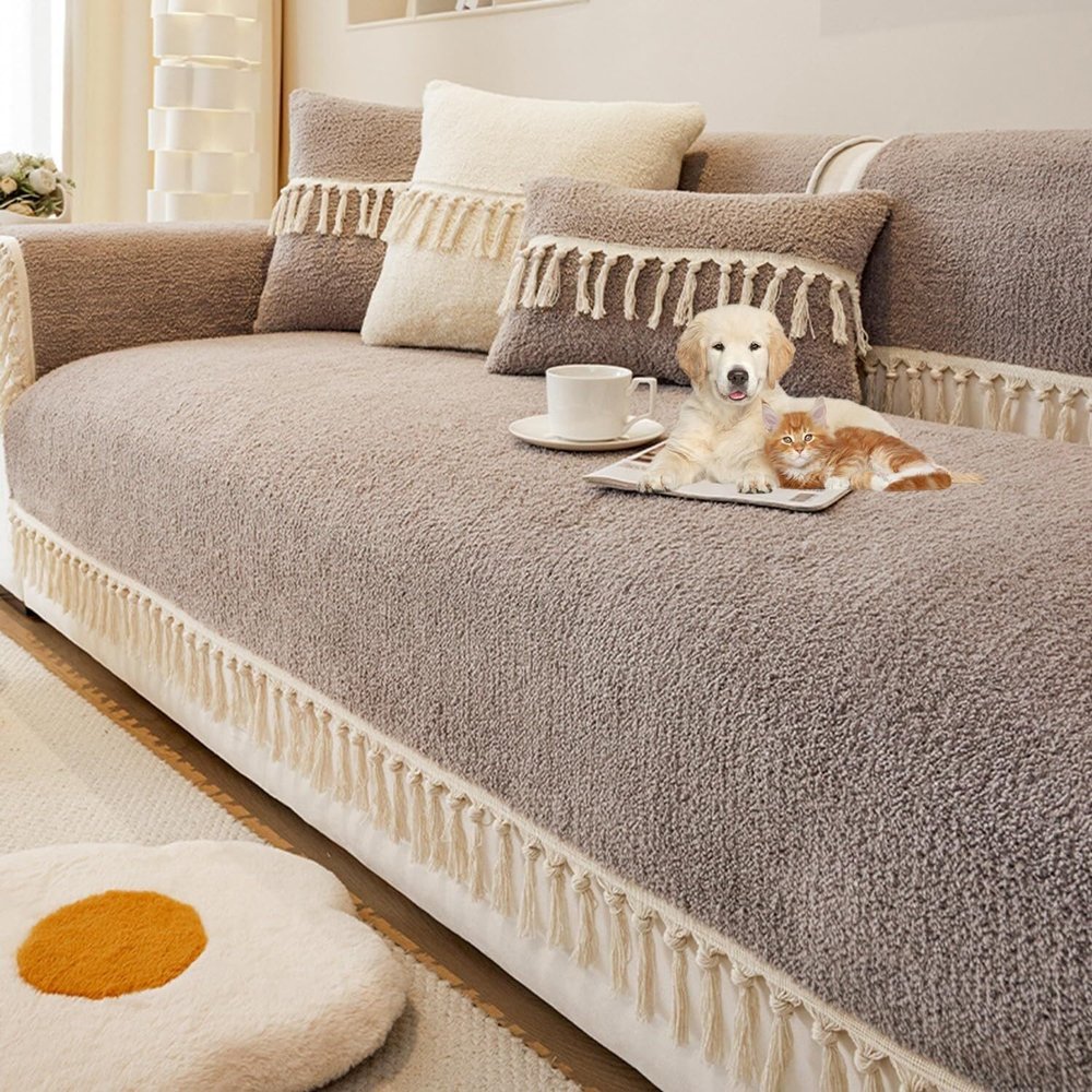 Upgraded Short Plush Couch Cover with Tassels, Gray, 110 x 240 cm