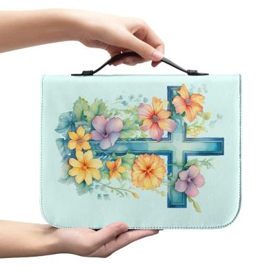 COEQINE Leather Bible Cover for Women, Watercolor Cross, PU Leather, Aqua Floral Print, XXL