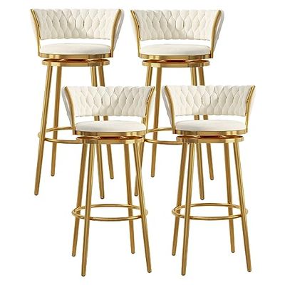 Velvet Bar Stools, Set of 4, Swivel Counter Stools with Backrests, White-Gold Legs