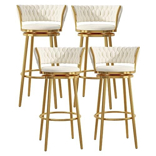 Velvet Bar Stools, Set of 4, Swivel Counter Stools with Backrests, White-Gold Legs