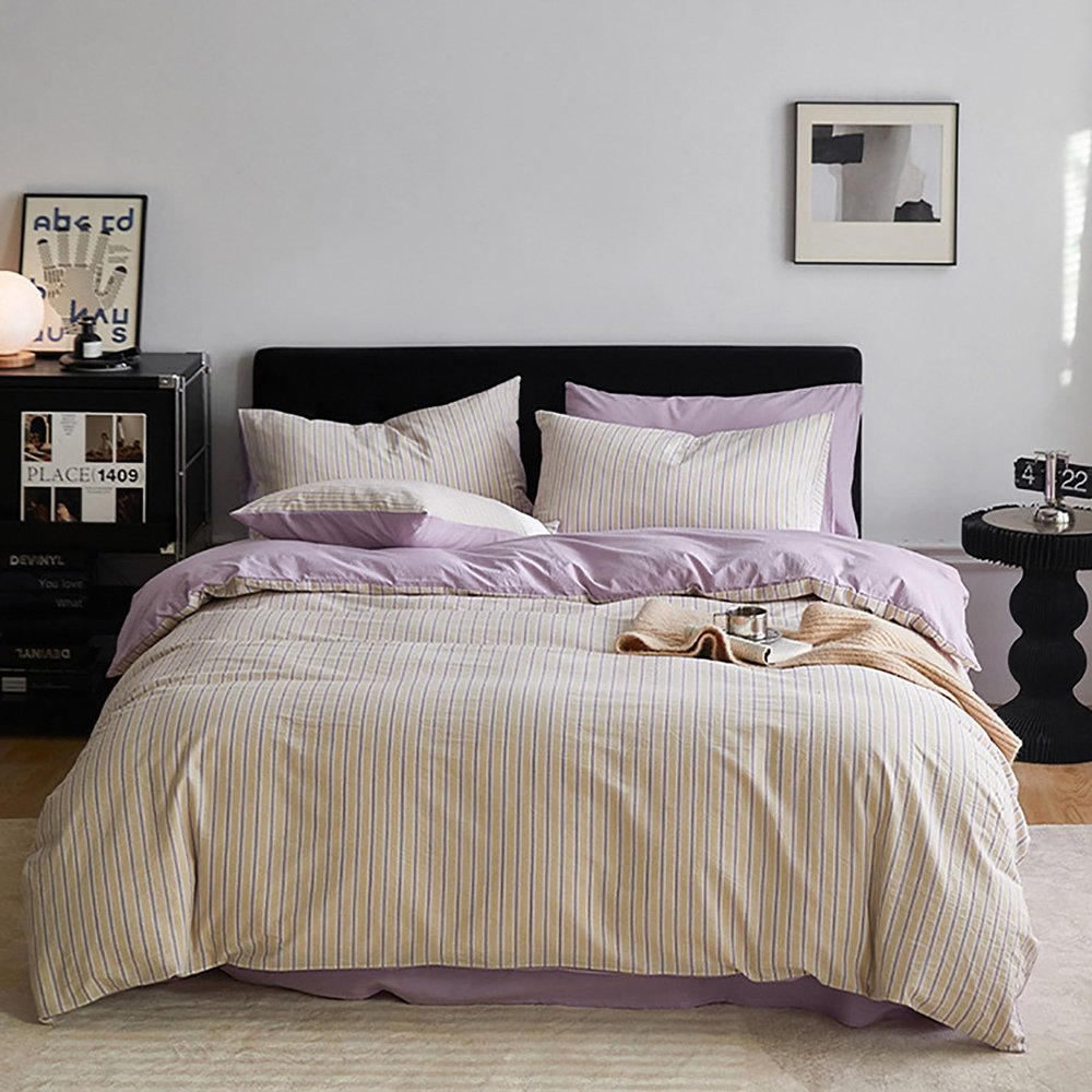 Rozhuhro Queen Bedding Set, 100% Washed Cotton, Linen Feel, 4-Piece, Purple 2