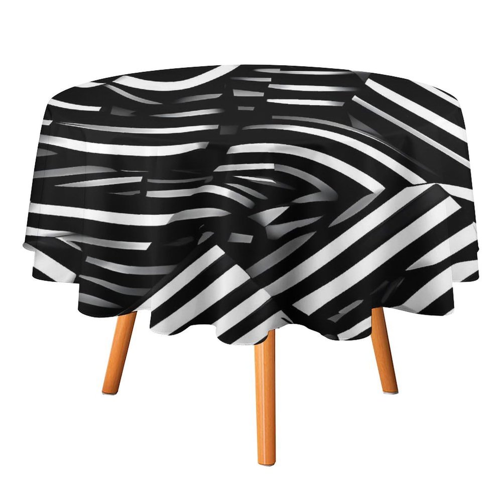 DWVTMNS Round Tablecloth with Black and White Lines, Customizable, Wrinkle-Free, for Dining Table, Picnic, Camping, or Parties (4 Sizes)