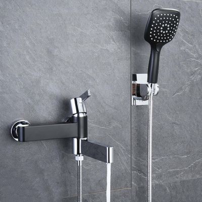 BiaoTeng Wall-Mount Bathtub Faucet Set with Hand Shower, Silver and Black