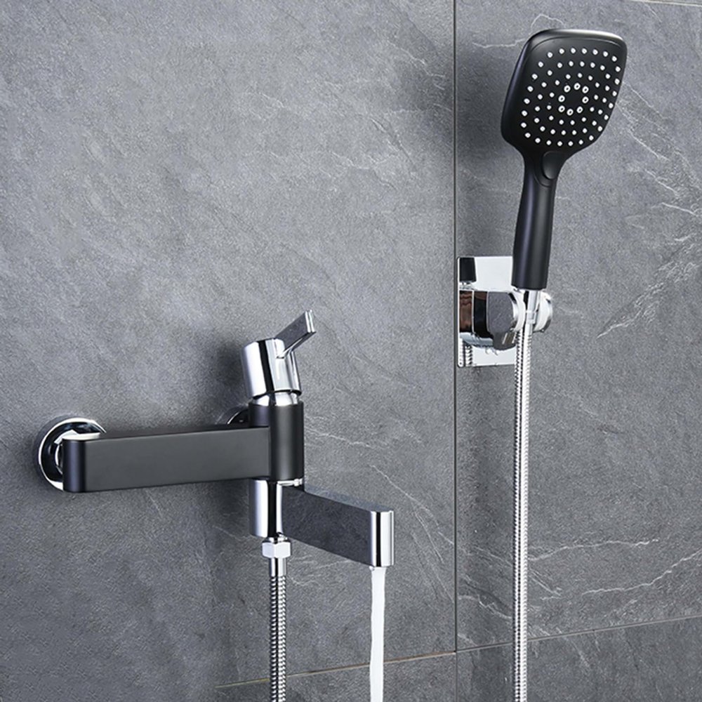 BiaoTeng Wall-Mount Bathtub Faucet Set with Hand Shower, Silver and Black