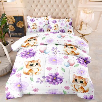 Purple Flower Cat Duvet, Polyester Quilt, Washable, Breathable, 4 Seasons, 200 x 200 cm + 2 Pillowcases (50 x 75 cm)