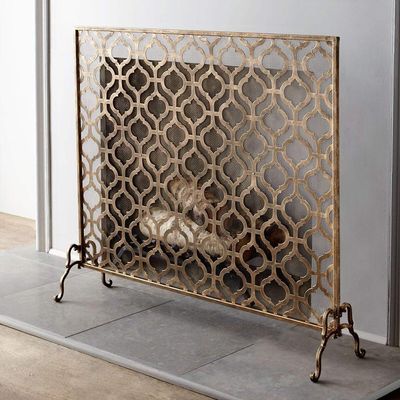 Gold Fireplace Screen with Mesh Cover