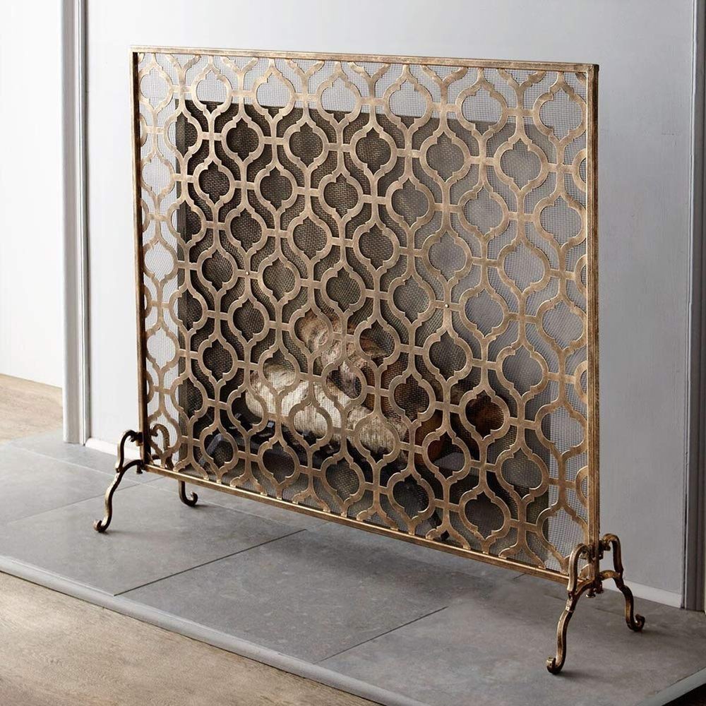 Gold Fireplace Screen with Mesh Cover