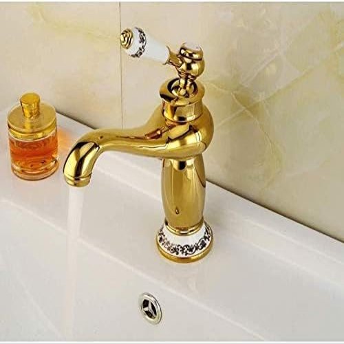 Kitchen Faucet, Solid Copper European Antique-Style Gold Bathroom Basin Faucet, Single-Handle Hot and Cold Water Mixer