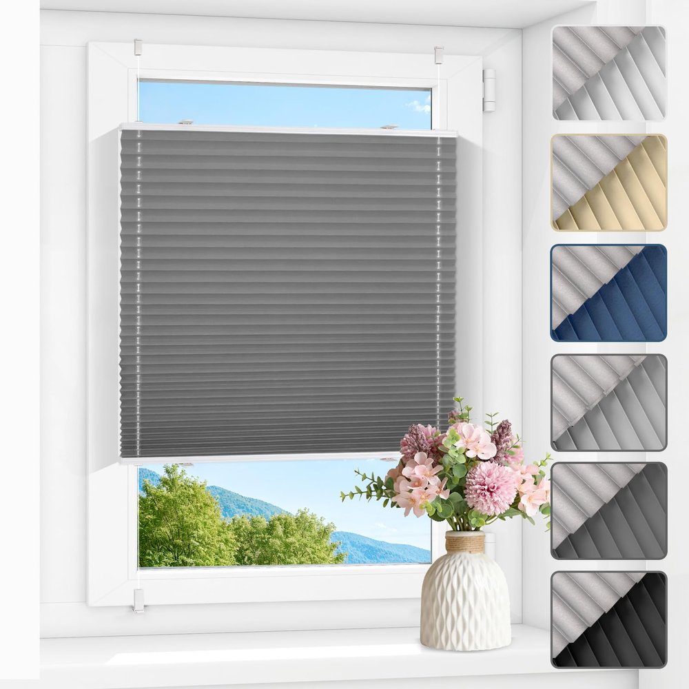 Zarnan No-Drill Blackout Thermal Pleated Blind, Clamp-Fit, Light Gray, W75 x H140 cm