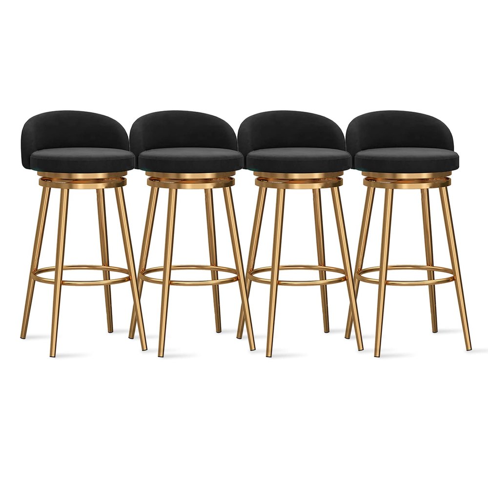 SFNIOKFG Black Velvet Bar Stools with Low Backrests, 360° Swivel and Footrests, 29.5-Inch, Set of 4