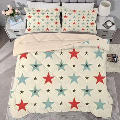 Qiwagu Light Brown Comforter 200 x 220 cm, Reversible Quilted Blanket with Colorful Star Pattern, Super Soft Breathable 200 GSM Lightweight All-Season Comforter with 2 Pillowcases